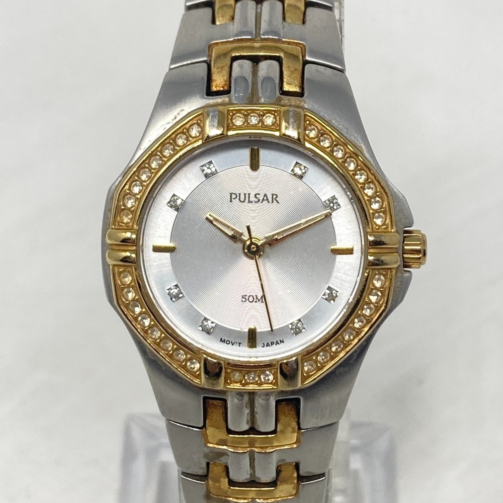 Pulsar Watch Women 27mm Silver Gold Two Tone Bling VX51-X416 New Battery 7.25"